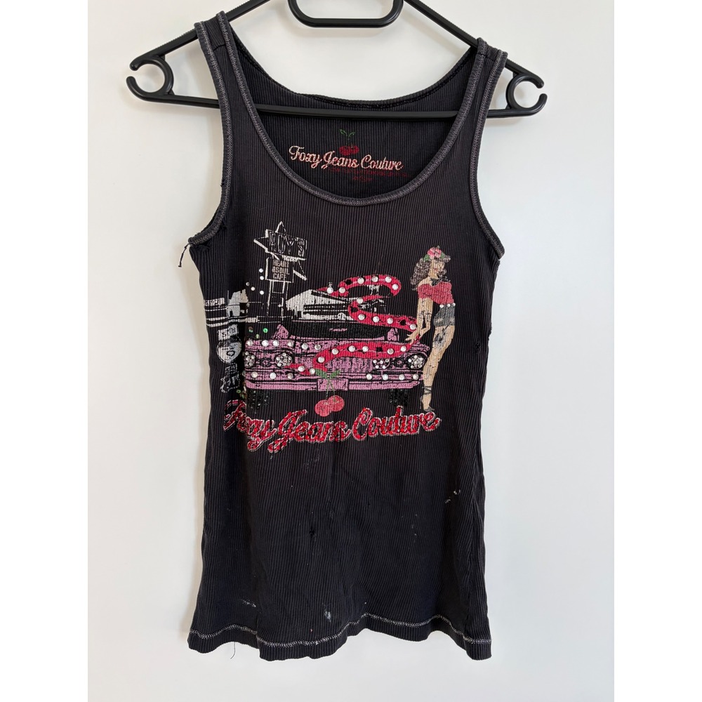 Foxy Jeans Couture Vintage Y2K Pin Up Car Rhinestone Ribbed Tank Top Black XL